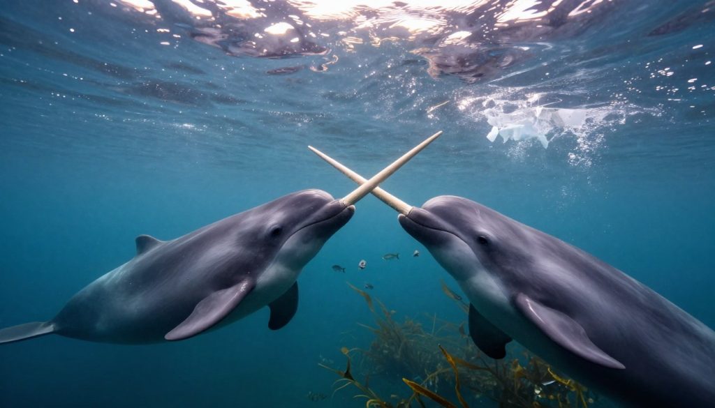 A captivating underwater scene showcasing narwhals gracefully swimming, their long tusks visually representing natural measuring instruments, surrounded by a rich aquatic environment. In the foreground, two narwhals swim side by side, their tusks extended, emphasizing their unique features. The middle ground reveals schools of fish darting around, and floating seaweed adds depth to the scene. In the background, the icy waters of Baffin Bay glisten under soft sunlight filtering through the ocean surface, creating a serene and scientific atmosphere. The lighting is gentle, casting ethereal reflections, while the overall mood is calm and inquisitive, illustrating the connection between nature and scientific research in this remote marine ecosystem.