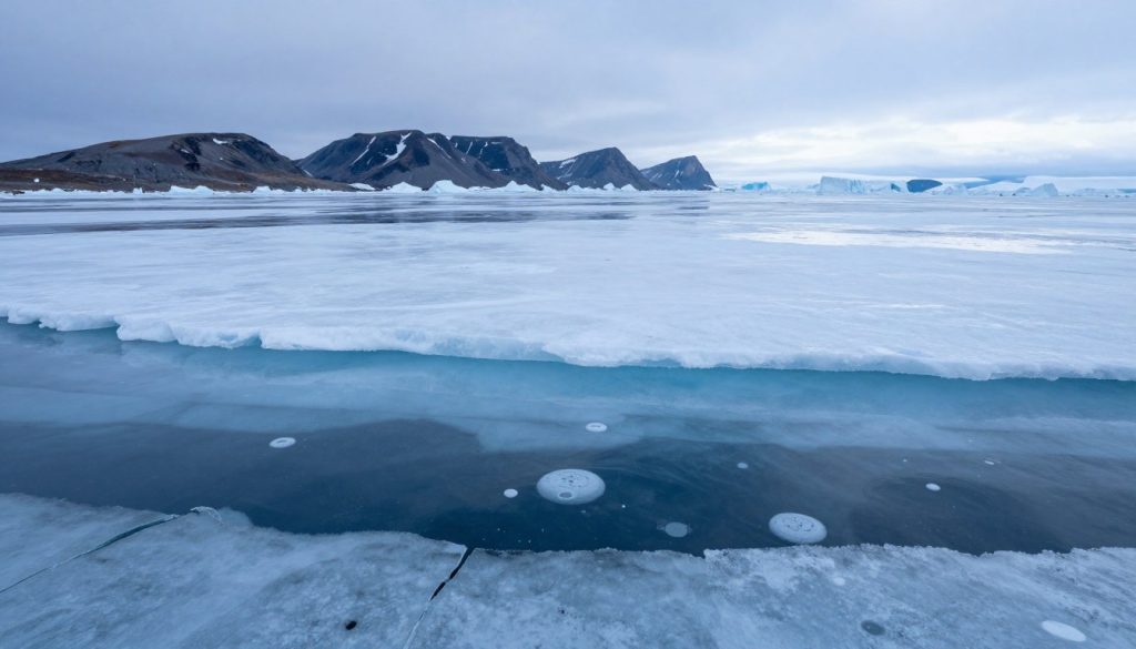 A serene Arctic landscape featuring a frozen sea with thick ice layers above, showcasing variations in water temperature beneath the ice. In the foreground, detailed icy textures interspersed with subtle cracks revealing hints of liquid water, reflecting the changing climate. The middle ground should present the expansive ice sheet stretching towards the horizon, with small air bubbles trapped within. The background features a soft, rugged mountain range under a pale, overcast sky, casting a diffused blue light across the scene. The mood is tranquil yet somber, illustrating the fragility of this ecosystem. The scene captures the stark beauty of nature, highlighting the interplay of ice and water in a changing environment, with a focus on natural colors and textures.